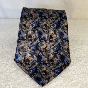 Vintage Pierre Cardin 100% Silk Tie Blue & Beige Geometric Pattern